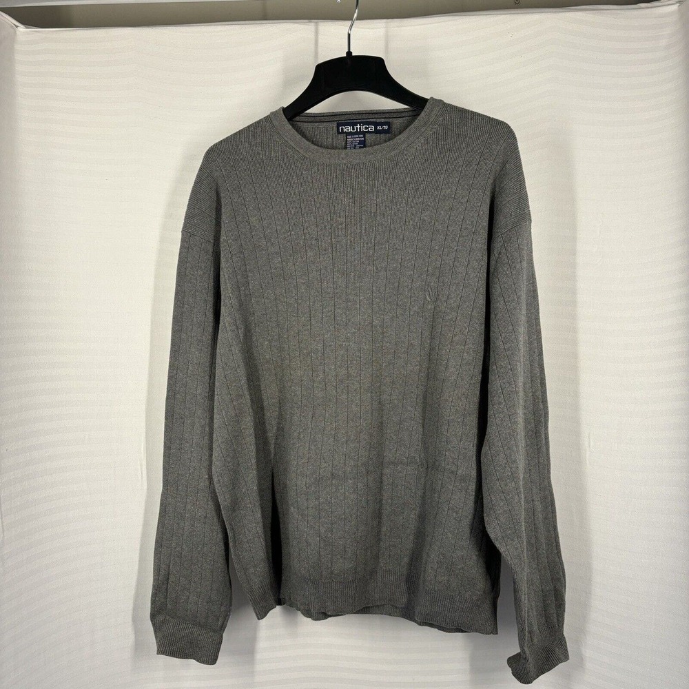 Nautica Knit Sweater Mens XL Gray Cotton Long Sleeve Crewneck Pullover
